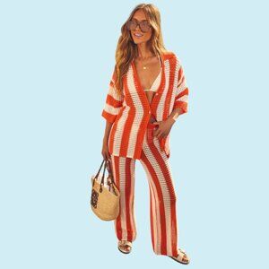 VICI Pants Women's Small Orange + White Crochet Wide Leg Bathing Suit Cover Up